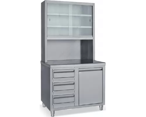 Waiters Station Stainless Steel Cupboard with Bin, 3 drawers & Wall Cupboard