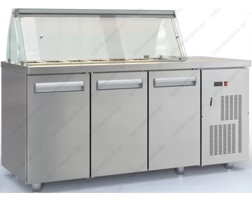 Επαγγελματικό Ψυγείο Τόστ - Σαλατών 180 x 70 εκ. 3 Πόρτες & Bιτρίνα, 2 Σειρές Λεκανάκια GN 1/4 PSM18070SALAD, DOBROS INOX Ελλάδος