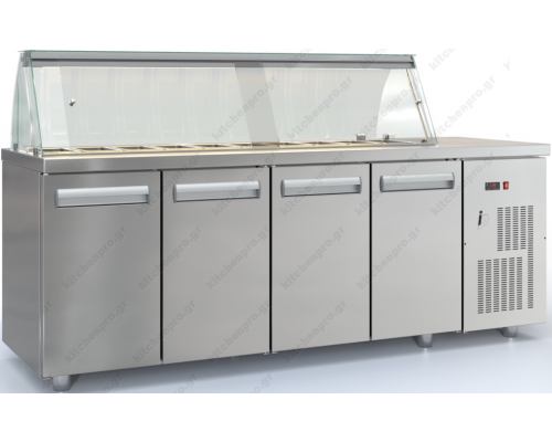 Επαγγελματικό Ψυγείο Τόστ - Σαλατών 225 x 70 εκ. 4 Πόρτες & Bιτρίνα, 2 Σειρές GN 1/4 PSM22570SALAD, DOBROS INOX Ελλάδος