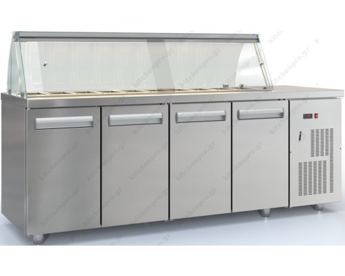 Saladette Refrigerated Counter 225 x 70 cm 4 Doors & Display, 2 Lines of GN 1/4 PSM22570SALAD, DOBROS INOX Greece