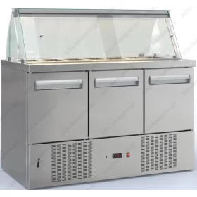 Saladette Refrigerated Counter 135 x 70 cm 3 Doors & Display, 2 Lines of GN 1/4 PSM13570SALAD.DM, DOBROS INOX Greece