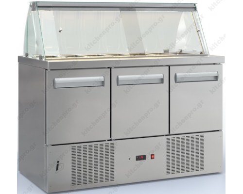 Saladette Refrigerated Counter 135 x 70 cm 3 Doors & Display, 2 Lines of GN 1/4 PSM13570SALAD.DM, DOBROS INOX Greece
