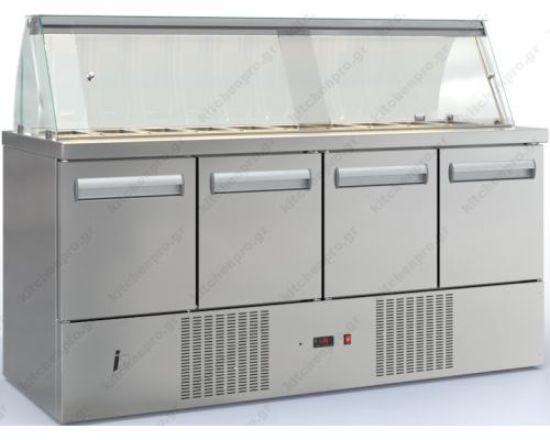 Επαγγελματικό Ψυγείο Τόστ - Σαλατών 180 x 70 εκ. 4 Πόρτες & Bιτρίνα, 2 Σειρες GN 1/4 PSM18070DM, DOBROS INOX Ελλάδος