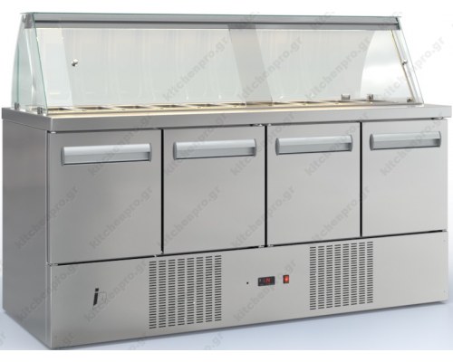 Επαγγελματικό Ψυγείο Τόστ - Σαλατών 180 x 70 εκ. 4 Πόρτες & Bιτρίνα, 2 Σειρες GN 1/4 PSM18070DM, DOBROS INOX Ελλάδος