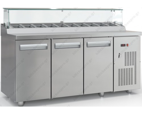 Επαγγελματικό Ψυγείο Τόστ - Σαλατών Bar 180 x 70 εκ. 3 Πόρτες & Bιτρίνα GN 1/4 PSM18070BAR, INOX DOBROS Ελλάδος