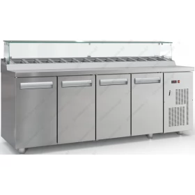 Saladette Bar Refrigerated Counter 225 x 70 cm 4 Doors & Display, GN 1/4 PSM22570BAR, INOX DOBROS Greece
