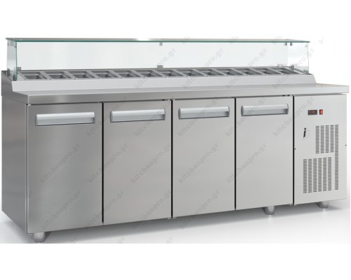 Επαγγελματικό Ψυγείο Τόστ - Σαλατών Bar 225 x 70 εκ. 4 Πόρτες & Bιτρίνα GN 1/4 PSM22570BAR, INOX DOBROS Ελλάδος