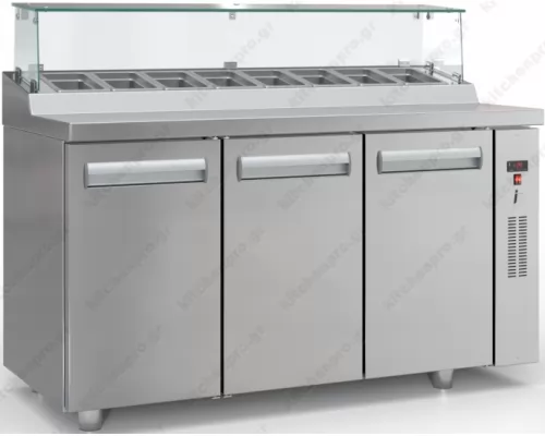 Επαγγελματικό Ψυγείο Τόστ - Σαλατών Bar 150 x 70 εκ. 3 Πόρτες & Bιτρίνα GN 1/4 χωρίς μηχανή PS15070BAR, INOX DOBROS Ελλάδος