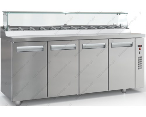 Επαγγελματικό Ψυγείο Τόστ - Σαλατών Bar 195 x 70 εκ. 4 Πόρτες & Bιτρίνα GN 1/4 χωρίς μηχανή PS19570BAR, INOX DOBROS Ελλάδος