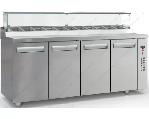 Επαγγελματικό Ψυγείο Τόστ - Σαλατών Bar 195 x 70 εκ. 4 Πόρτες & Bιτρίνα GN 1/4 χωρίς μηχανή PS19570BAR, INOX DOBROS Ελλάδος