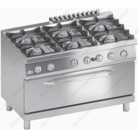 Commercial Gas Cooker 6 Ranges + Gas Oven 2/1 GN & Cabinet S700 120 x 70 cm K7GCUP15FFM  ΑΤΑ srl Italy