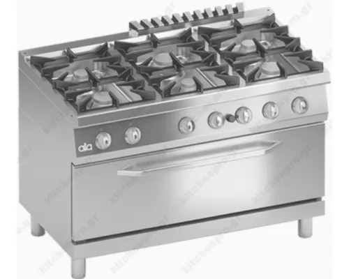 Commercial Gas Cooker 6 Ranges + Gas Oven 2/1 GN & Cabinet S700 120 x 70 cm K7GCUP15FFM ΑΤΑ srl Italy