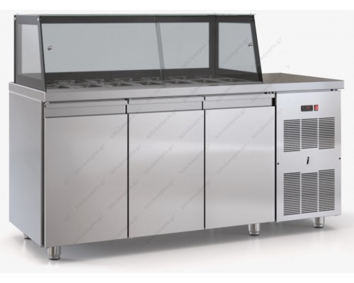 Saladette Refrigerated Counter 175 x 70 cm 3 Doors & Display, 2 Lines of GN 1/4 PSM17570SALAD, DOBROS INOX Greece
