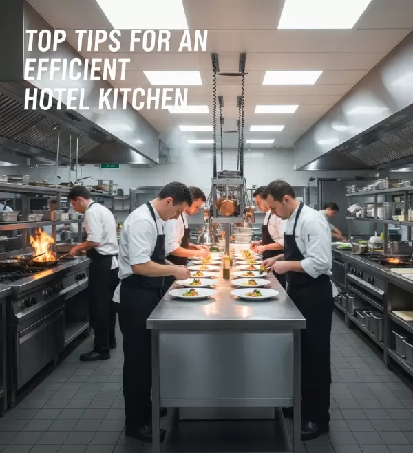 Επαγγελματίας σεφ μαγειρεύει σε αποδοτική ξενοδοχειακή κουζίνα, δείχνοντας τεχνικές εξοικονόμησης χρόνου και σωστή οργάνωση για υψηλής ποιότητας πιάτα.