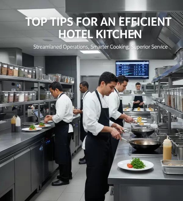 Σεφ παρουσιάζει αποδοτική διαδικασία μαγειρέματος σε σύγχρονη ξενοδοχειακή κουζίνα με βελτιστοποιημένη διάταξη, τονίζοντας τα καλύτερα πρότυπα υγιεινής και παραγωγικότητας.