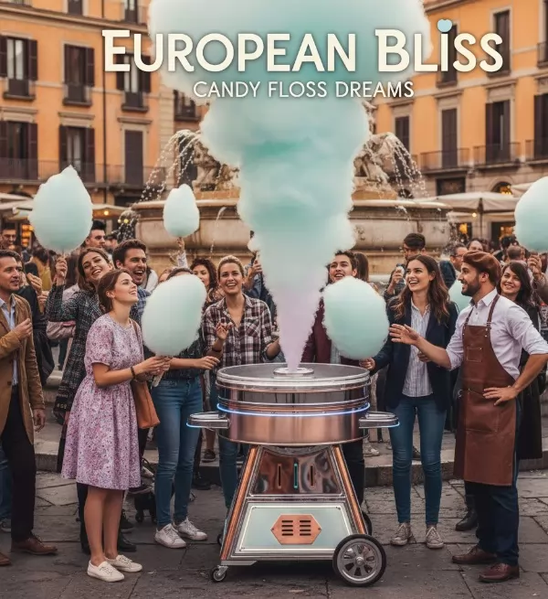 Families gathered around a candy floss machine in an outdoor square