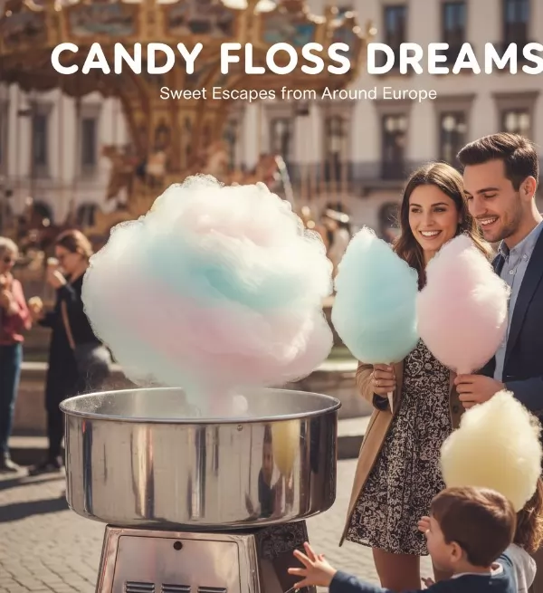 Parents with children enjoying fresh cotton candy from a candy floss machine in a public square – KitchenPro family experience in Europe