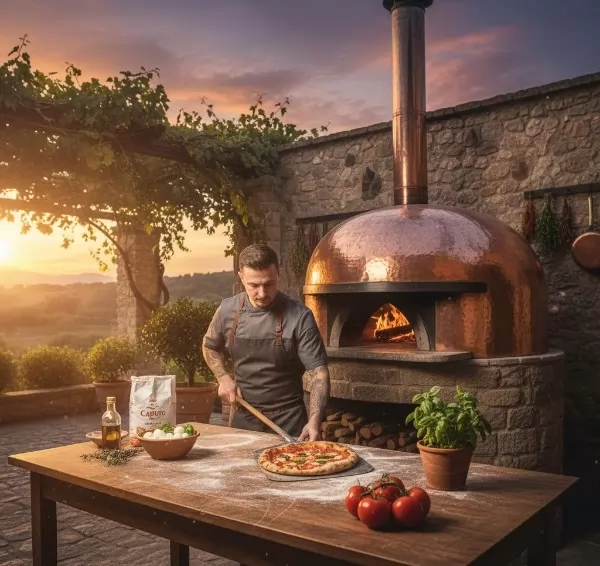 Close-up of a woodfired Italian style pizza oven with golden crust pizza inside