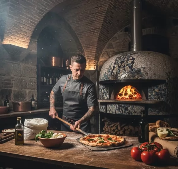 Fresh Margherita pizza cooking in a woodfired Italian style oven for authentic taste